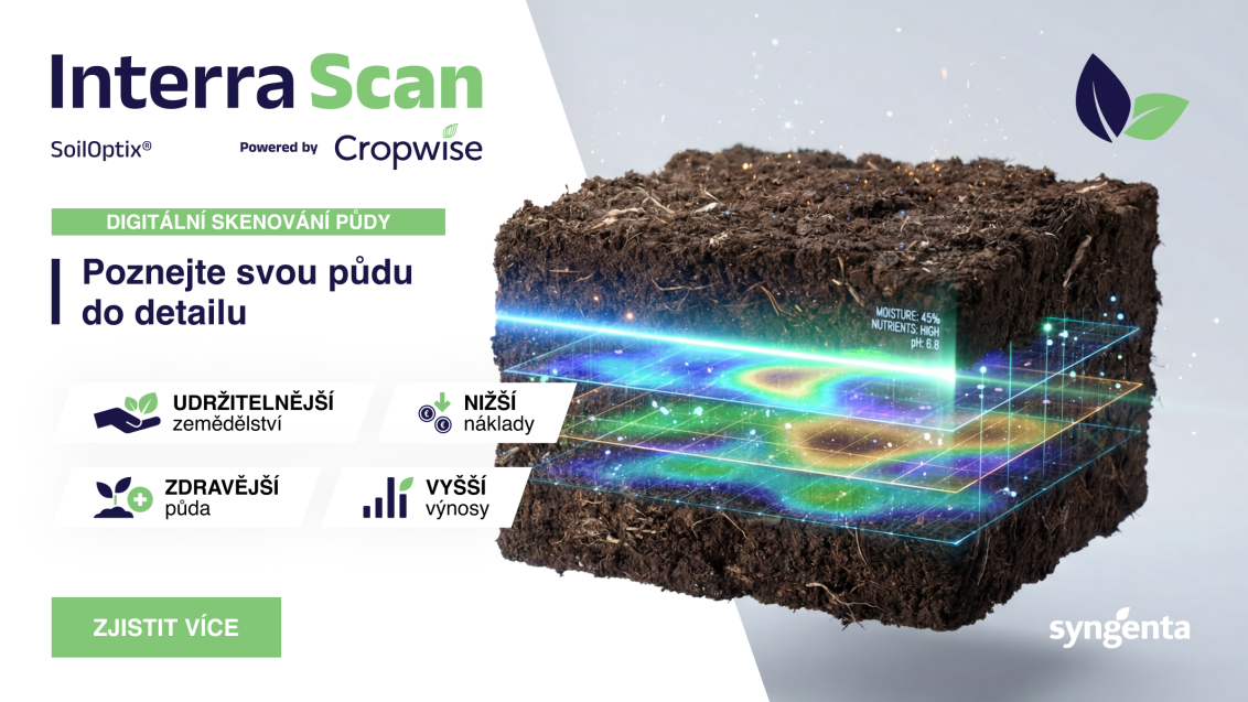 Grafika Interra Scan: 3D řez půdy se skenováním a textem o pozemkovém průzkumu