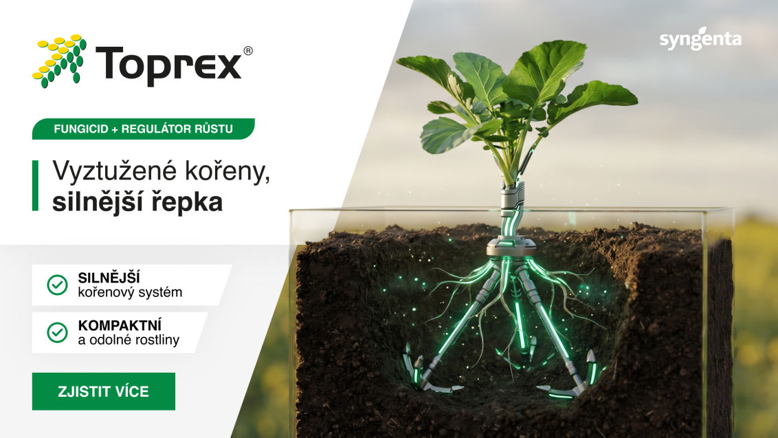 Reklamní banner Toprex: rostlina s kořeny v půdě, text o silnějším řepce