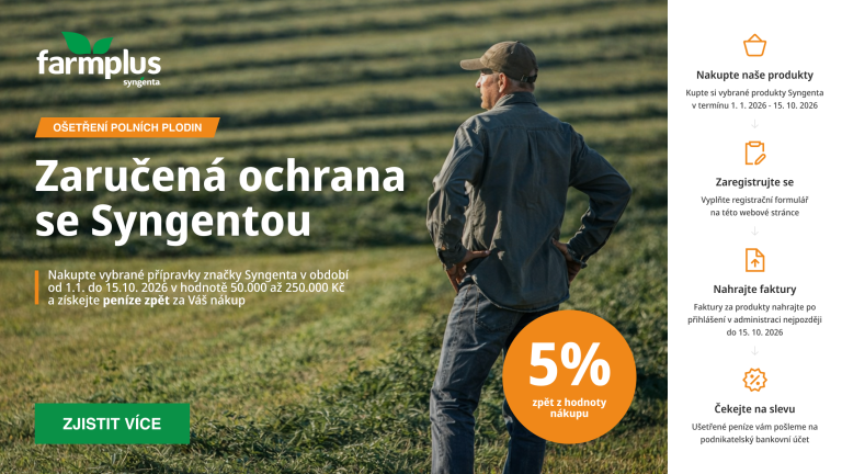 Reklamní banner: muž na poli, text „Zaručená ochrana se Syngentou“ a sleva 5%