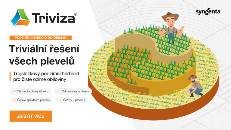 Reklamní grafika Triviza: pole plné plevele a postava s textem „syngenta“