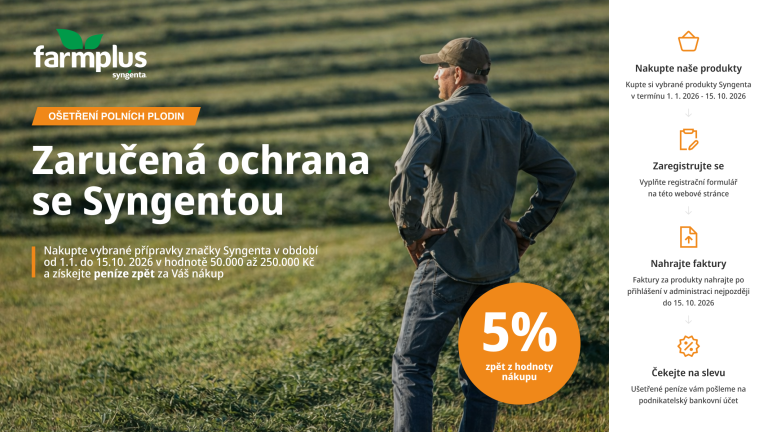 Fotografie zemědělce na poli, text „Zaručená ochrana se Syngentou“, 5% sleva.