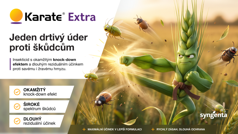 Reklamní grafika Karate Extra; zelený klas obilí a mouchy, text „Jeden druhý úder“