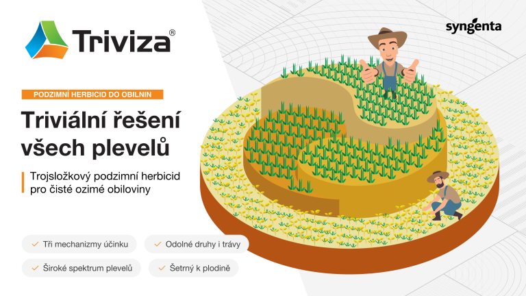 Grafika Triviza: kruhová farma s postavou farmáře a textem „Triviální řešení“