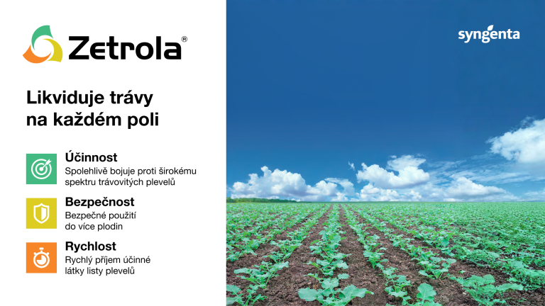 Reklamní grafika Zetroly: pole plodin pod modrou oblohou, seznam chorob vlevo